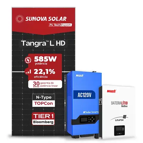 Gerador de Energia Solar Off Grid Interativo Must Telhado Fibro Parafuso Metal SGF 4,68KWP SUNOVA 585W LVHM 3KW AC120V DC48V BAT. LITIO 5.12KWH 100A