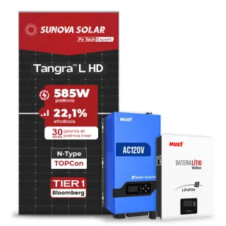 Gerador de Energia Solar Off Grid Interativo Must Telhado Fibro Parafuso Metal SGF 2,34KWP SUNOVA 585W LVHM 2KW AC120V DC48V BAT. LITIO 2.56KWH 50A